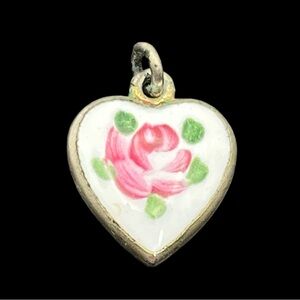 Painted rose flower on heart shaped silver tone pendant for necklace vintage
